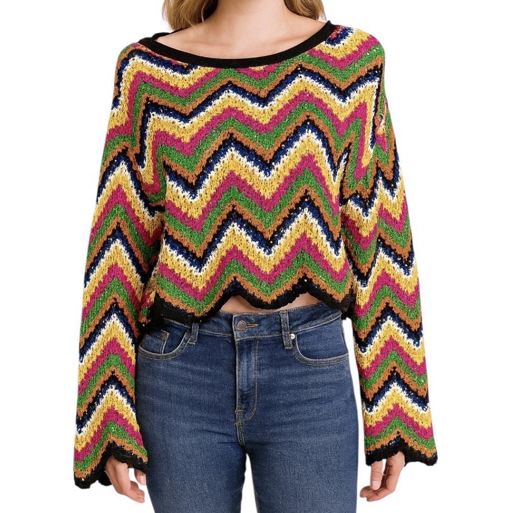 ZARA KNIT Cropped Sweater Womens M Multicolor Crochet Bell Sleeve Zig Zag